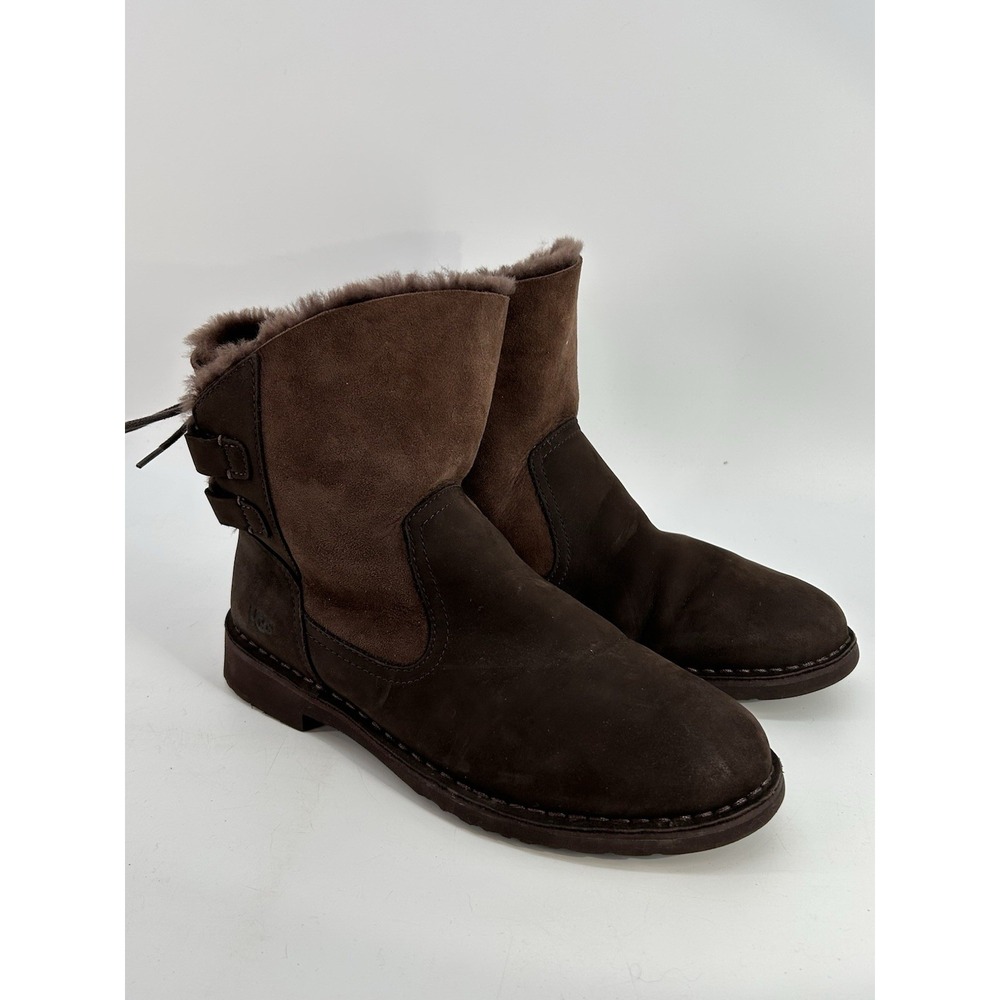 Women's UGG Naiyah Stout Fur Leather Mid Boots Stout Brown Lace Up Back Size 10